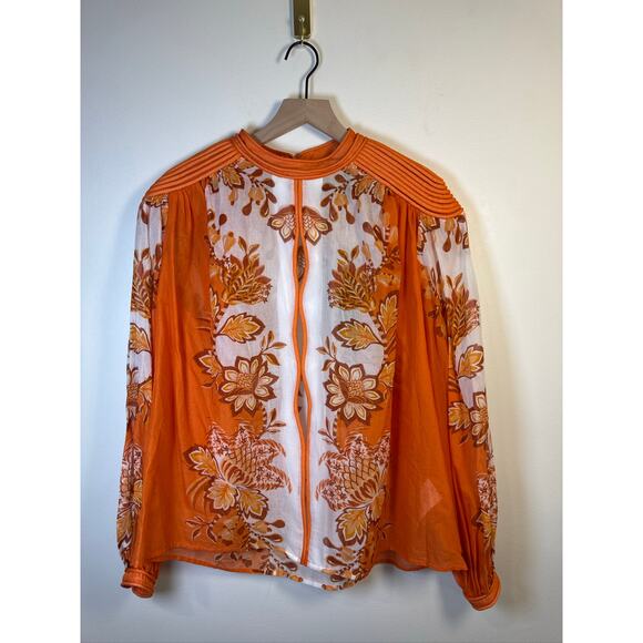 Farm Rio Aura Piping Trim Floral Print Blouse in Floral Orange Print, NWT Size M - Picture 2 of 9